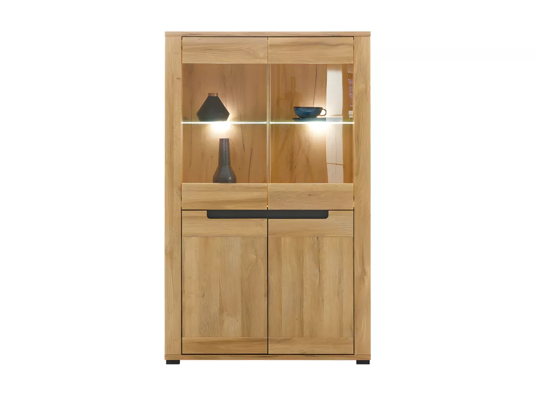 Argentier 4 portes Chêne/Gris à LEDs - CRACOVIE - L 91 x l 39.5 x H 147 cm