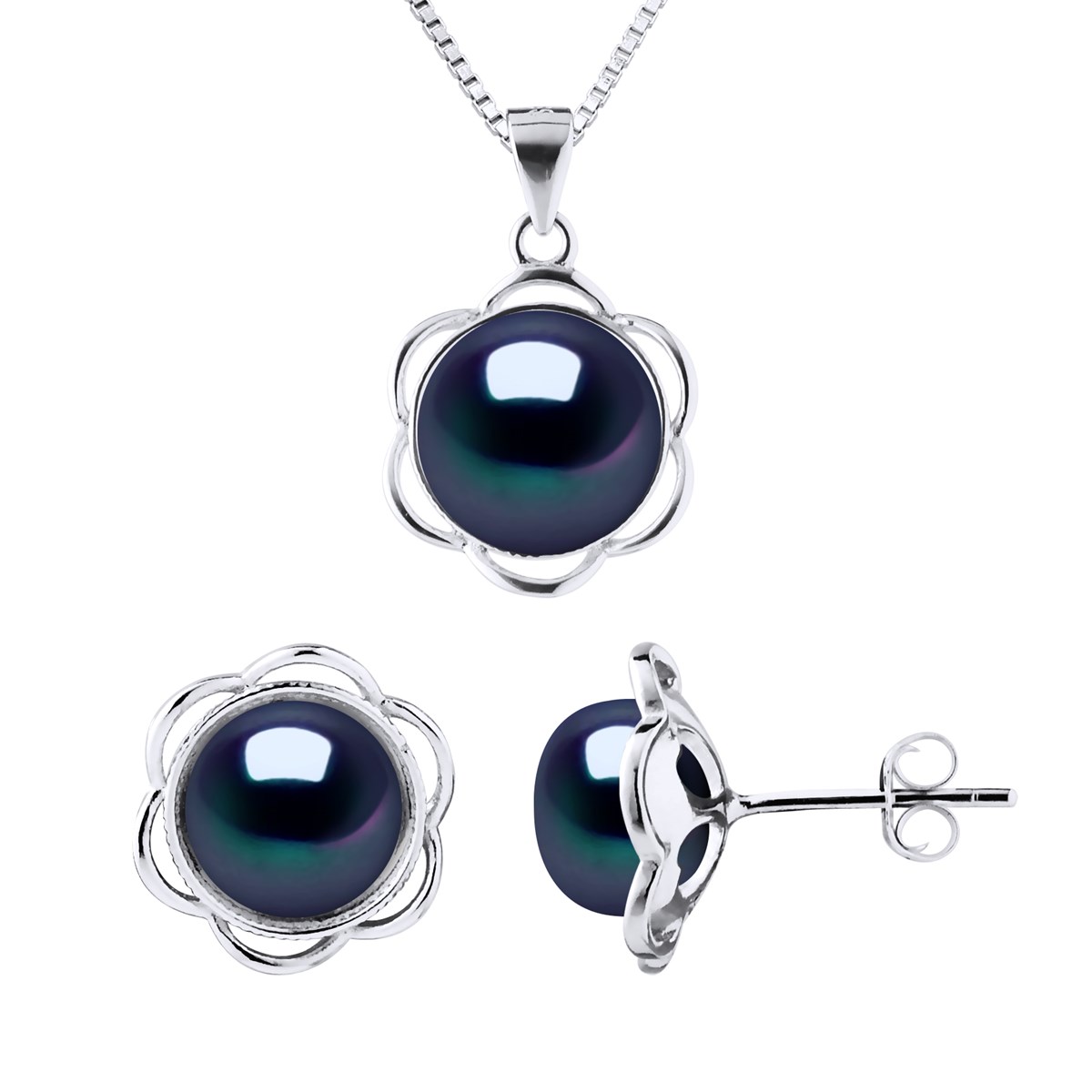 Parure Collier & Boucles d'Oreilles PETALES Perles d'Eau Douce 8-9 mm Noires Argent 925