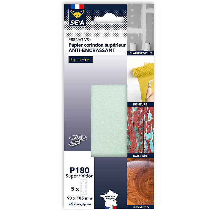 Papier abrasif corindon 93 x 185 mm grain 180 anti-encrassement, lot de 5