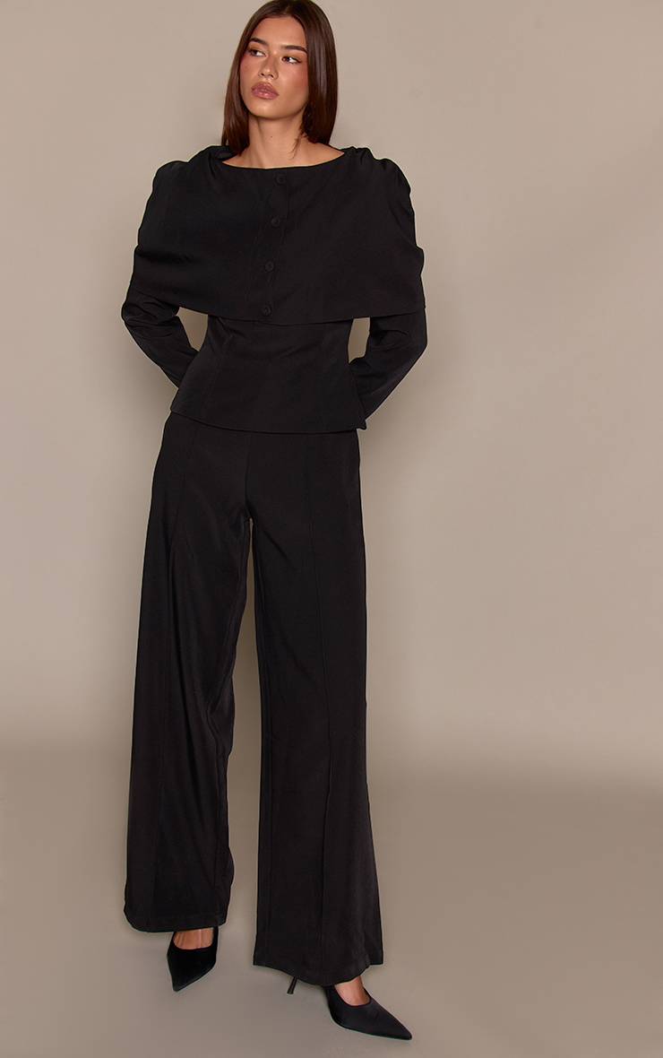 Noir Combinaison-pantalon Ajustée Tissée À Manches Longues Avec Boutonnage