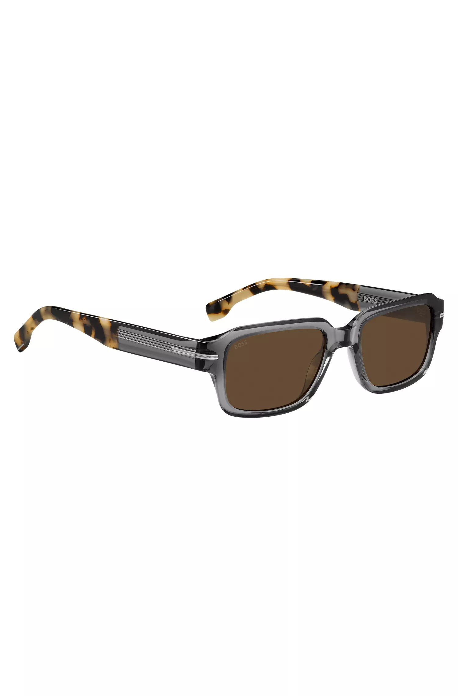 Óculos de sol BOSS em acetato preto transparente com detalhes em Havana.