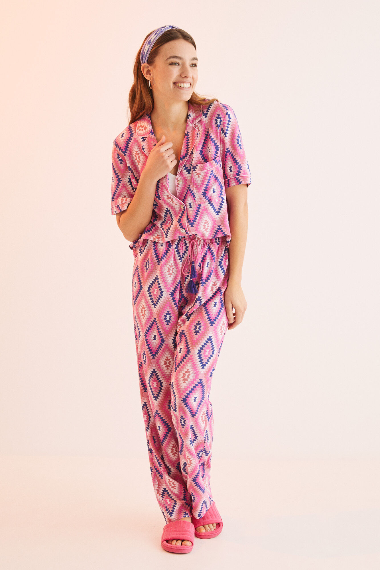 Pijama camisero estampado étnico - rosa