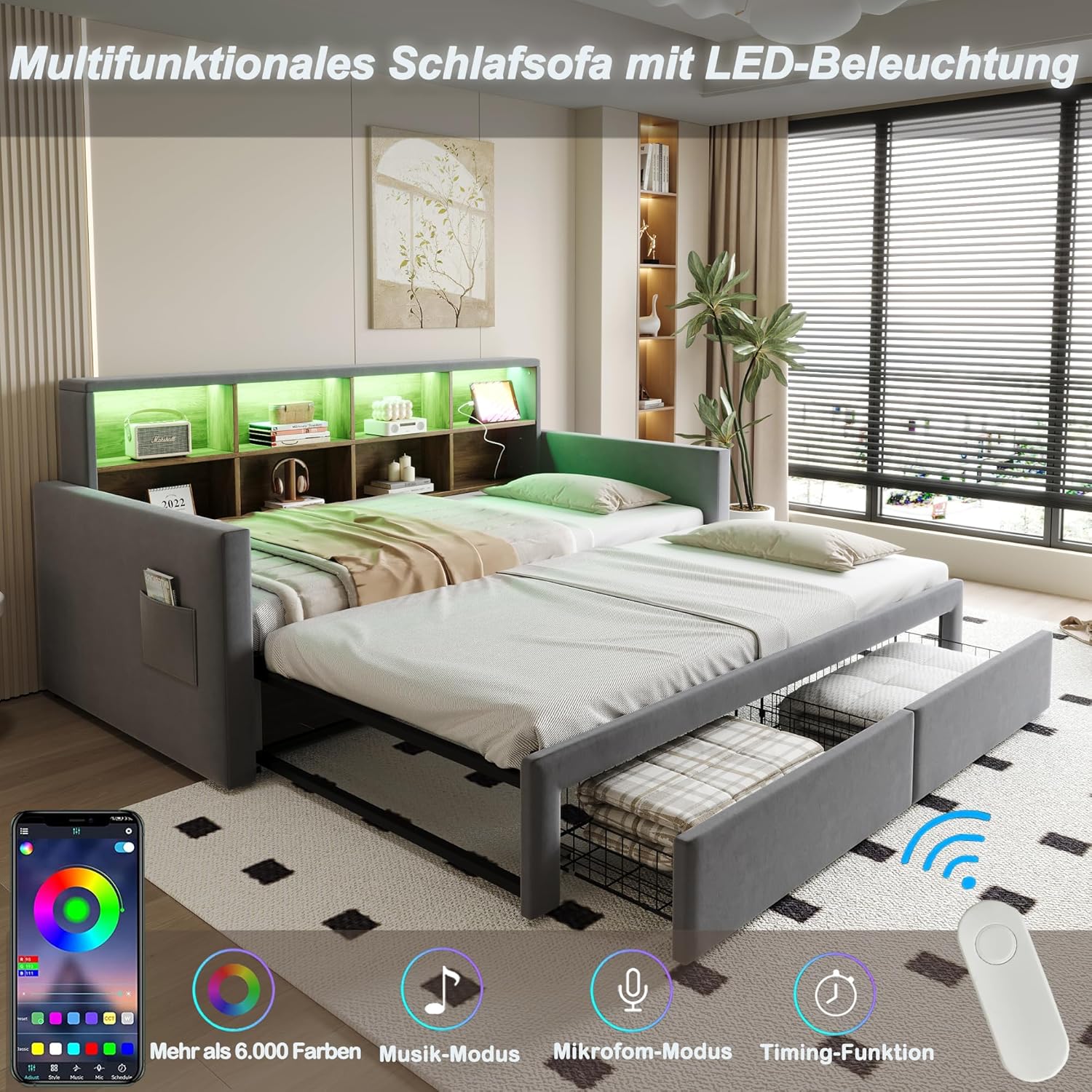 Ausziehbares Polsterbett Schlafsofa 90/180 x190cm, Kopfteil mit integrierten Staufächern, LED-Lichtleiste und Ladesteckdosen, Mit Zwei Schubladen und Lattenrost, Samtstoff Dunkelgrau