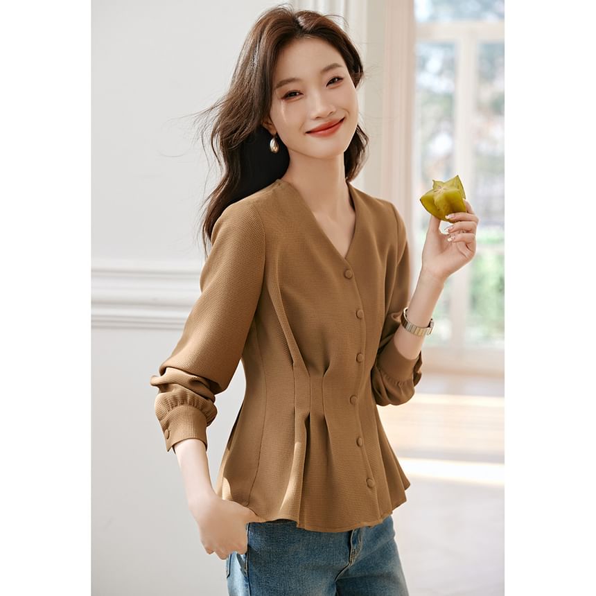 Jeonseon - Blouse met lange mouwen, V-hals en effen peplum