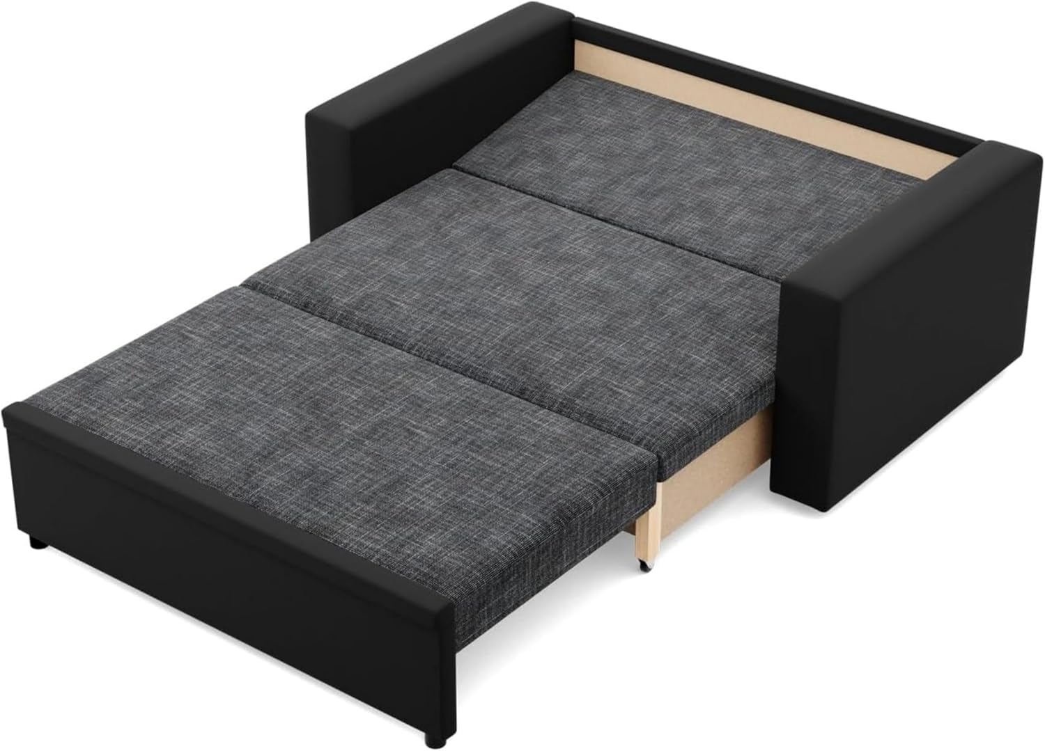 Mebligo - Zweisitzer Sofa Wohnzimmer mit Schlaffunktion, Bettkasten und Kunsteleder 148x90x87 (BxHxT) Dunkelgrau und Schwarz Luna, Schlafsofa Platzsparend, Schlafcouch, Sofabett, Sofa Bed, Bettsofa