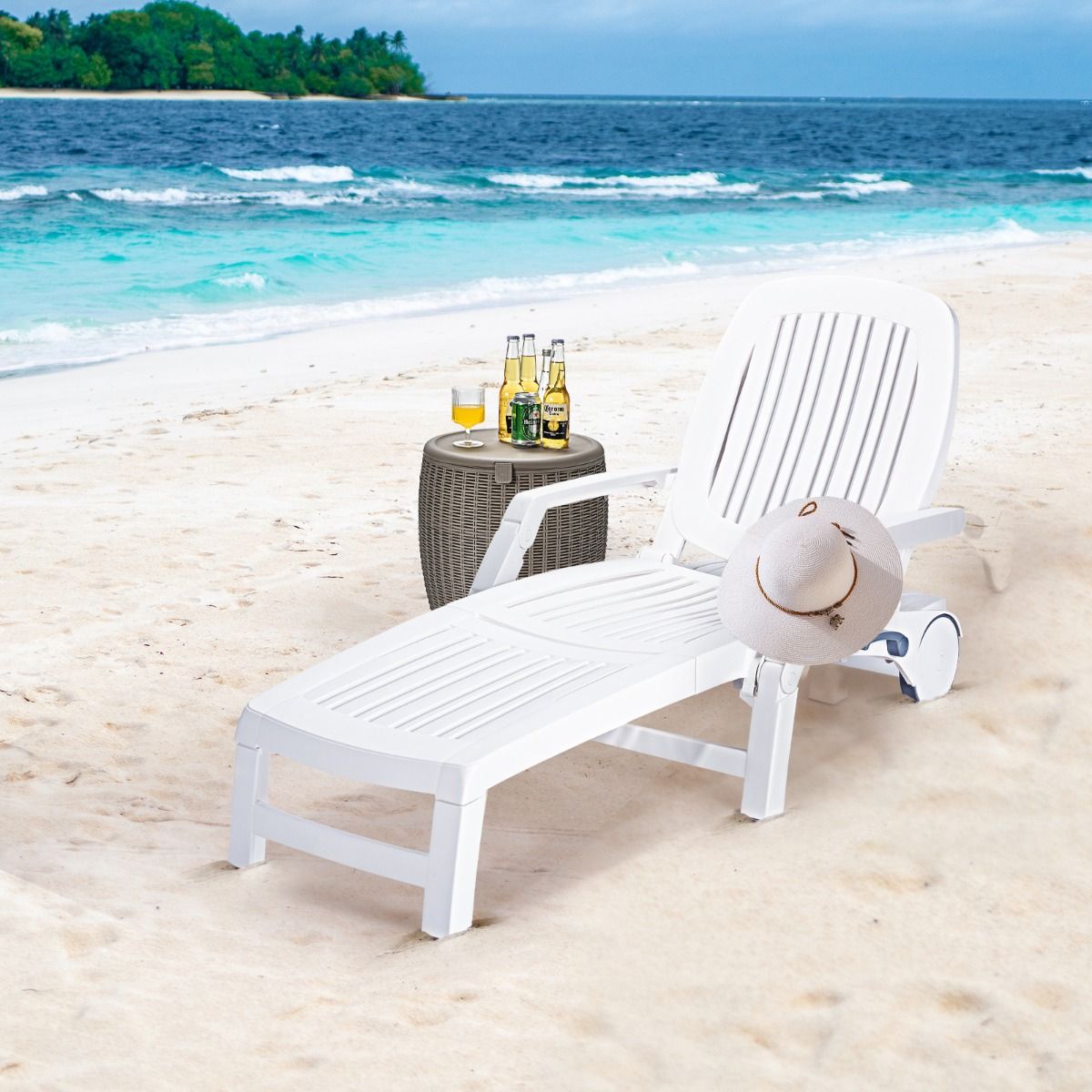 Chaise Longue Inclinable Réglable à 5 Positions avec Roues Flexibles Fauteuil Relax de Camping avec Boîte de Rangement Charge 150KG Blanc - Lidl-Manfred