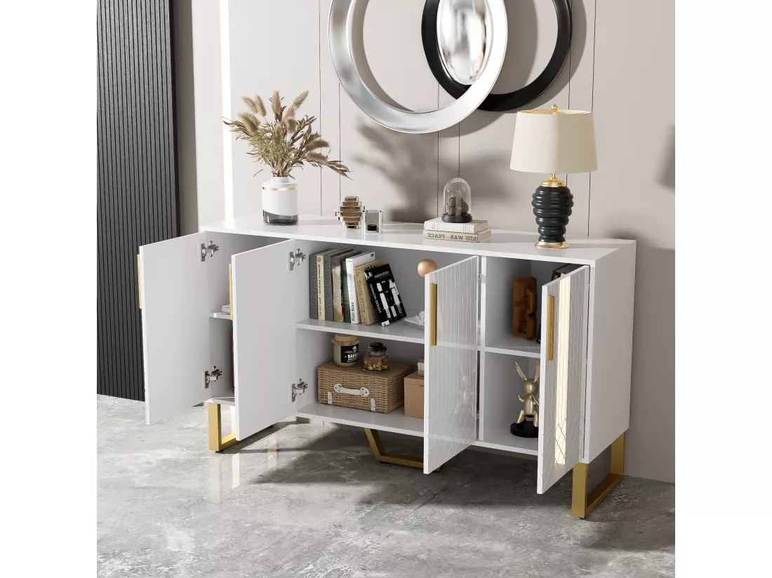 Buffet bas avec 4 portes - 140 L x 40 P x 80 H cm - Bois MDF et pièds en métal doré - Blanc brillant