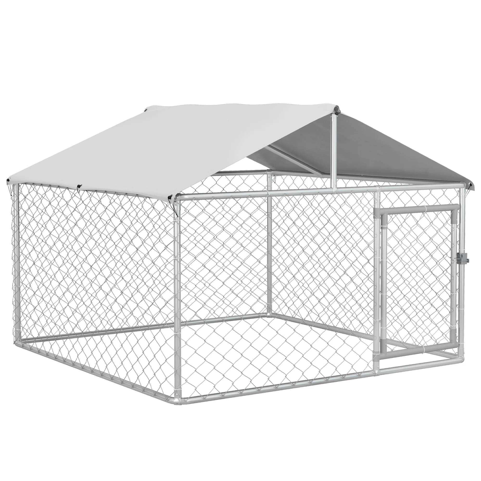 Gaiola externa PawHut para cães de porte médio, cercado para cães com trava, estrutura de aço, cobertura impermeável e resistente aos raios UV, 200x200x150 cm, prata