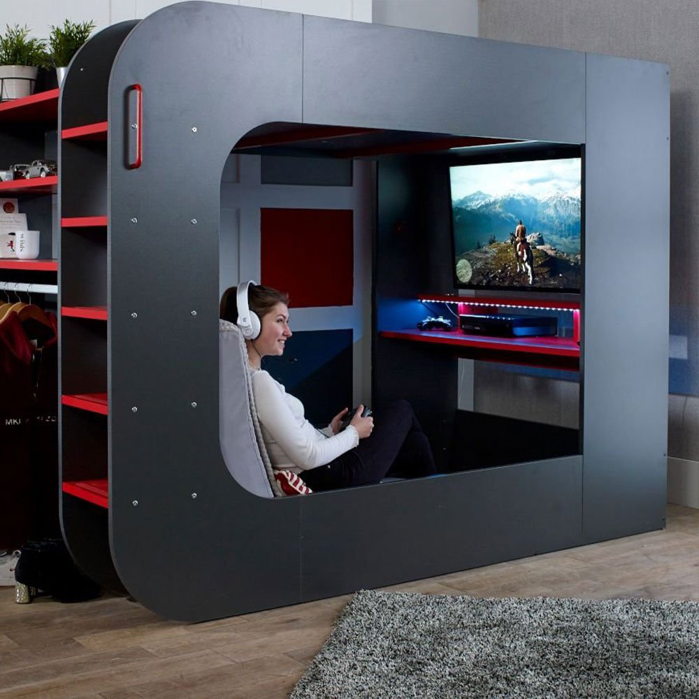 Cama alta para jogos PodBed cinza e vermelha com sofá cinza