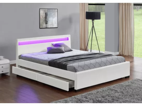 Lit adulte 140x190 cm tiroirs et led blanc sommier inclus