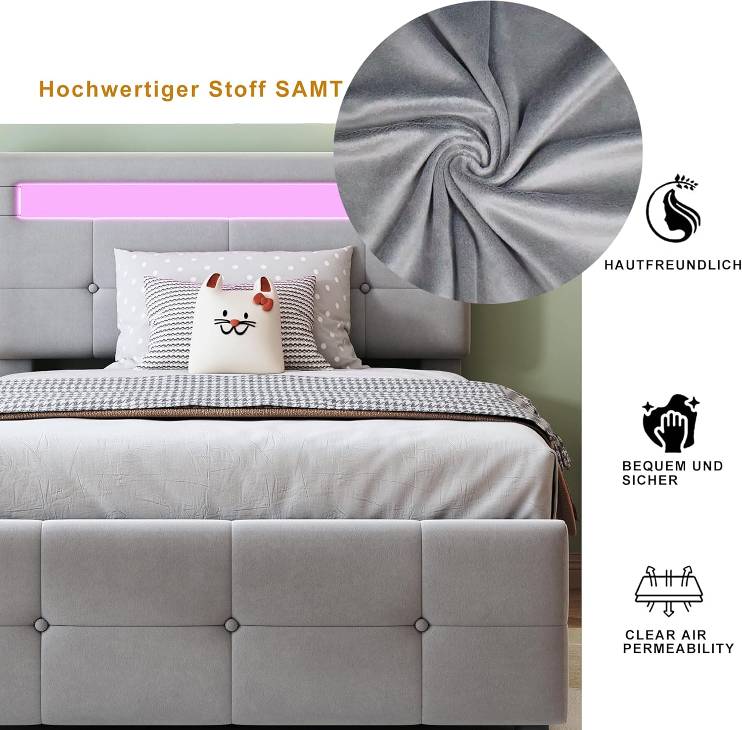 Boxspringbett Polsterbett 90x200 cm, Hydraulisches Stauraumbett mit LED Beleuchtung und Lattenrost, Bett mit Bettkasten und verstellbares Kopfteil, Einzel-Hochboxbett Jugendbett, Grau, ohne Matratze