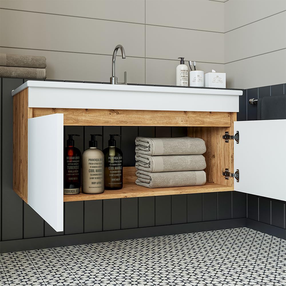 • Badmöbel Set • Atria • 65 cm, 85 cm, 100 cm • Weiß • Waschbecken mit Unterschrank (Weiß Eiche, 100 cm)