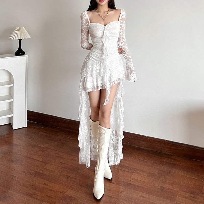 Sugarcoat - Lange mouwen sweetheart hals effen ruches high-low kant A-lijn jurk