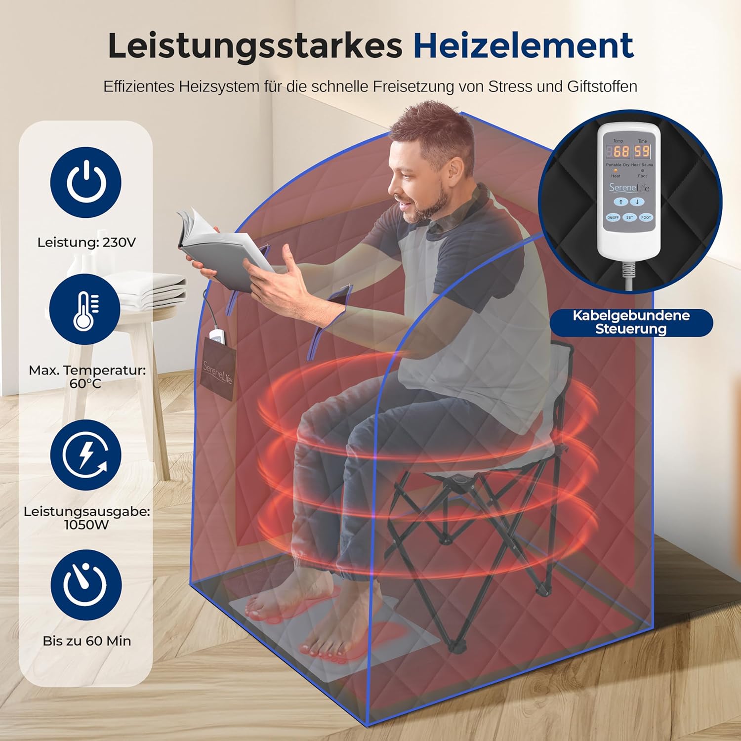 SereneLife Dampfsauna Zelt Schwarz 84×80×103 cm – Tragbare Heimsauna mit Stuhl und Heizmatte Faltbare Mini Sauna - Mobile Dampfbad Kabine bis 60°C, Carbon-Heizelement und Fernbedienung