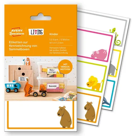 Avery Zweckform 62036 Etiketten zur Kennzeichnung von Sammelboxen, 97 x 47,5 mm, 4 Bogen/12 Etiketten, 6 Motive pro Packung, weiß