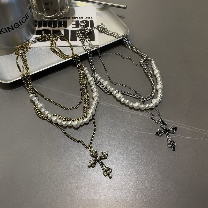 Lilafey - Kruis strass hanger imitatie parel gelaagde ketting