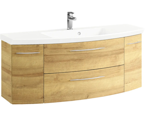 Pelipal Sunline 104 badkamermeubelset, BxHxD 121 x 200 x 50,5 cm, frontkleur: Riviera eiken, 3-delige badkamermeubelset met wastafel en badmeubel van wit mineraalmarmer, spiegelkast met LED-verlichting