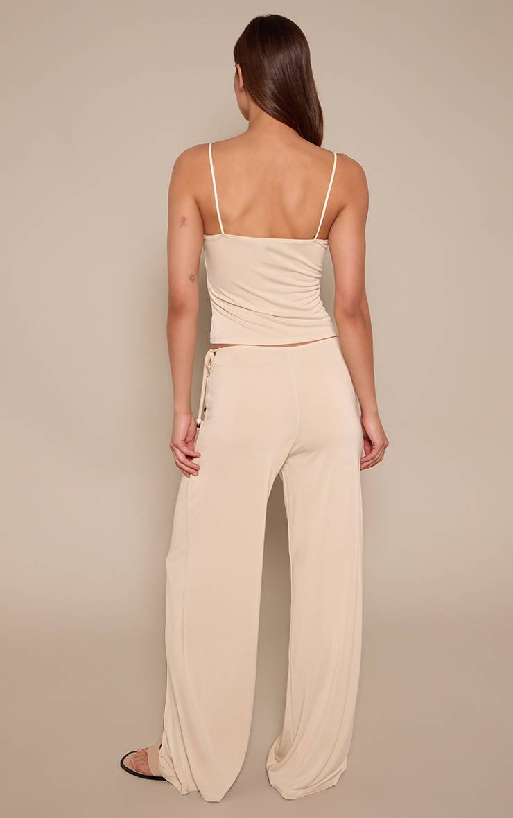 Crème Pantalon Fluide Modal À Liens Latéraux Ornés De Perles