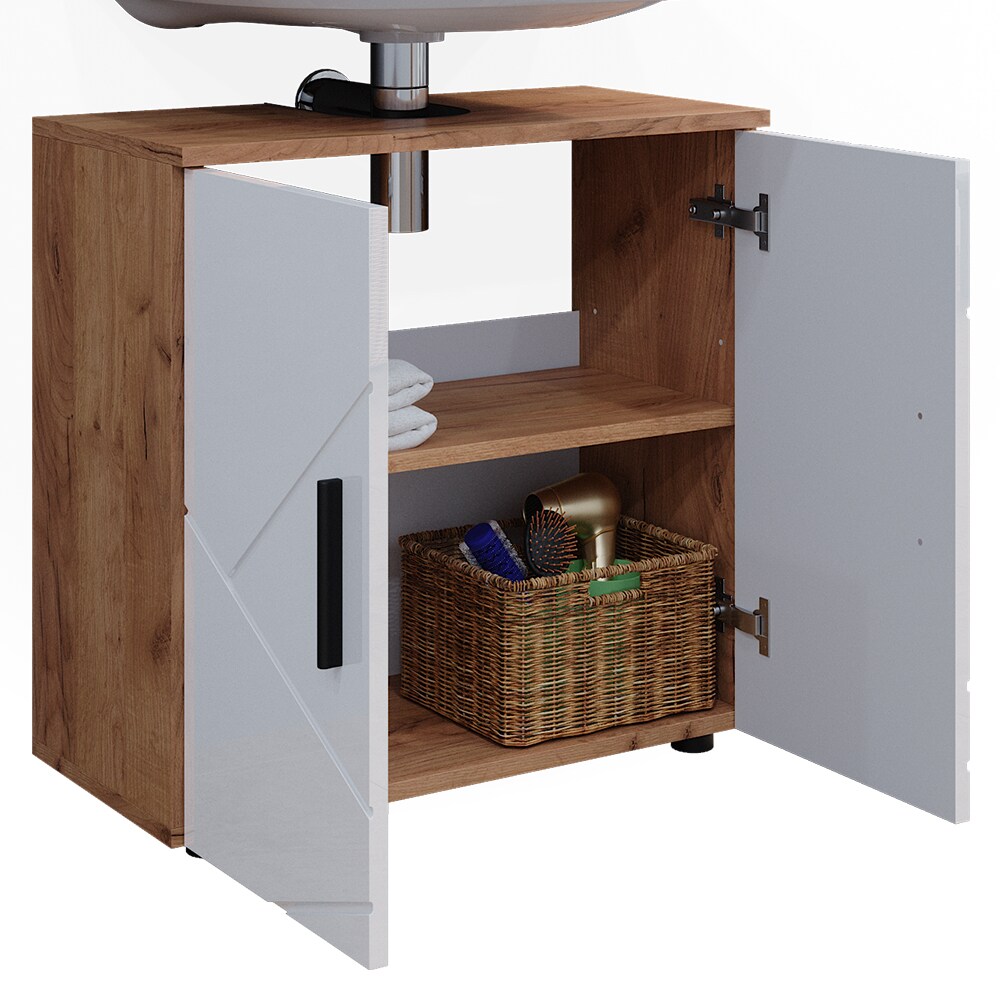 Vicco Waschtischunterschrank Waschbeckenunterschrank Irma Eiche Weiß Hochglanz modern 60x59 cm Badezimmer Schrank Badschrank Badkommode Badmöbel 2 Türen