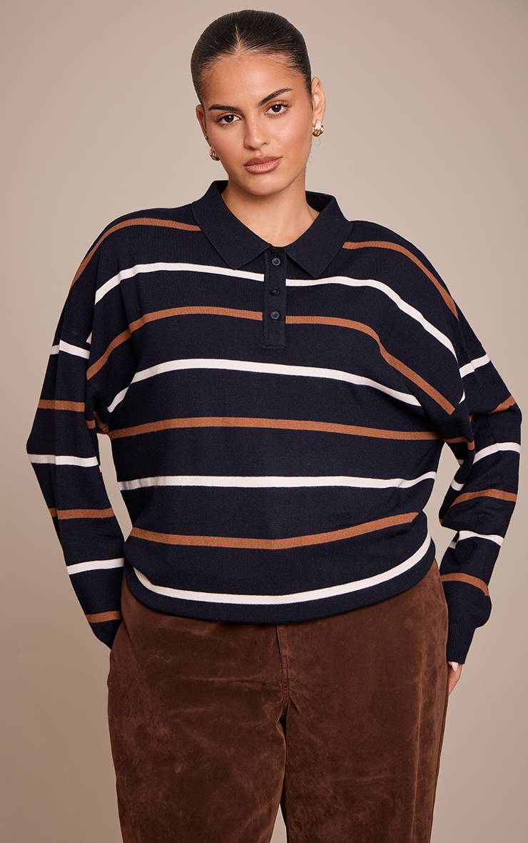 Bleu Marine Haut Rugby Polo Rayé À Manches Longues En Maille Grande Taille