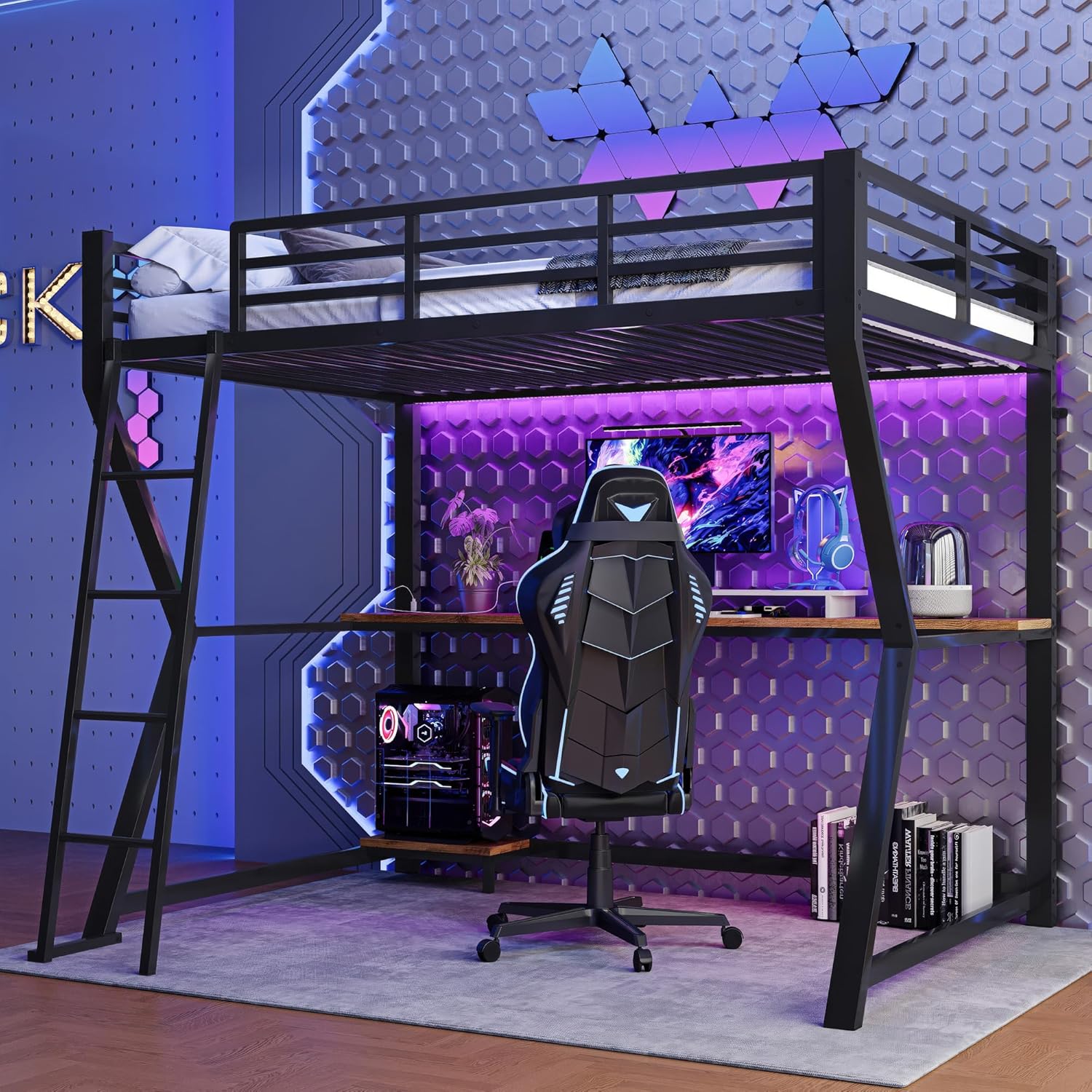 Hochbett mit Schreibtisch und Computerkonsolenablage 90x200, Etagenbett Metallbett mit LED-Ambientelicht & USB und Steckdose, Funktionsbett Stockbett Spielbett Jugendhochbett, Schwarz, Ohne Matratze