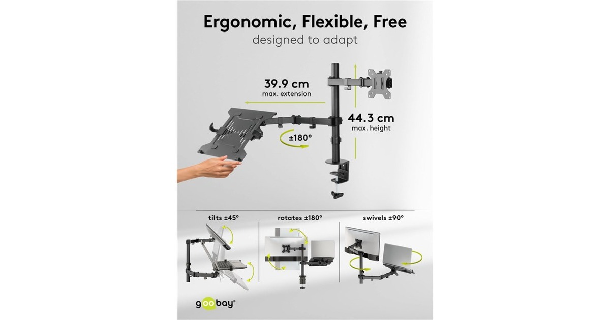 goobayMonitor Mount 13 tot 32 inch met Laptop Arm Flex, 10 tot 15.6 inch monitorarm  (Zwart)