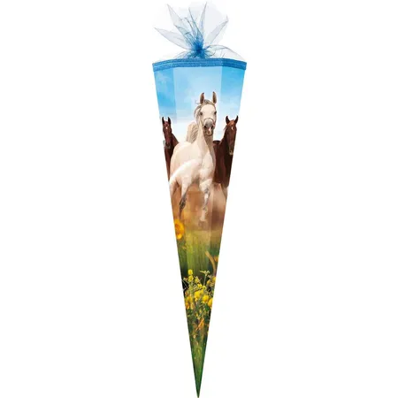 Nestler Schultüte Wildpferde 85 cm 6-eckig Tüll/Posa hellblau