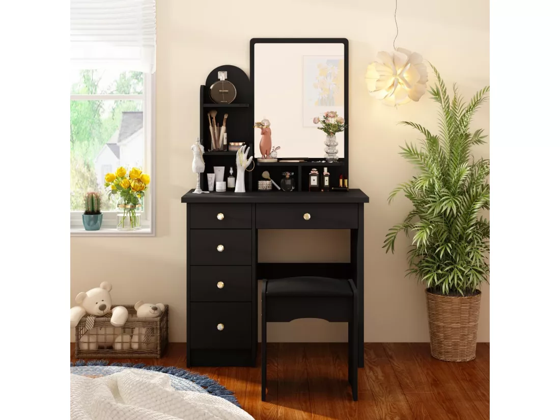 Coiffeuse avec tabouret et miroir Compariment étagères 80x40x140cm Noir