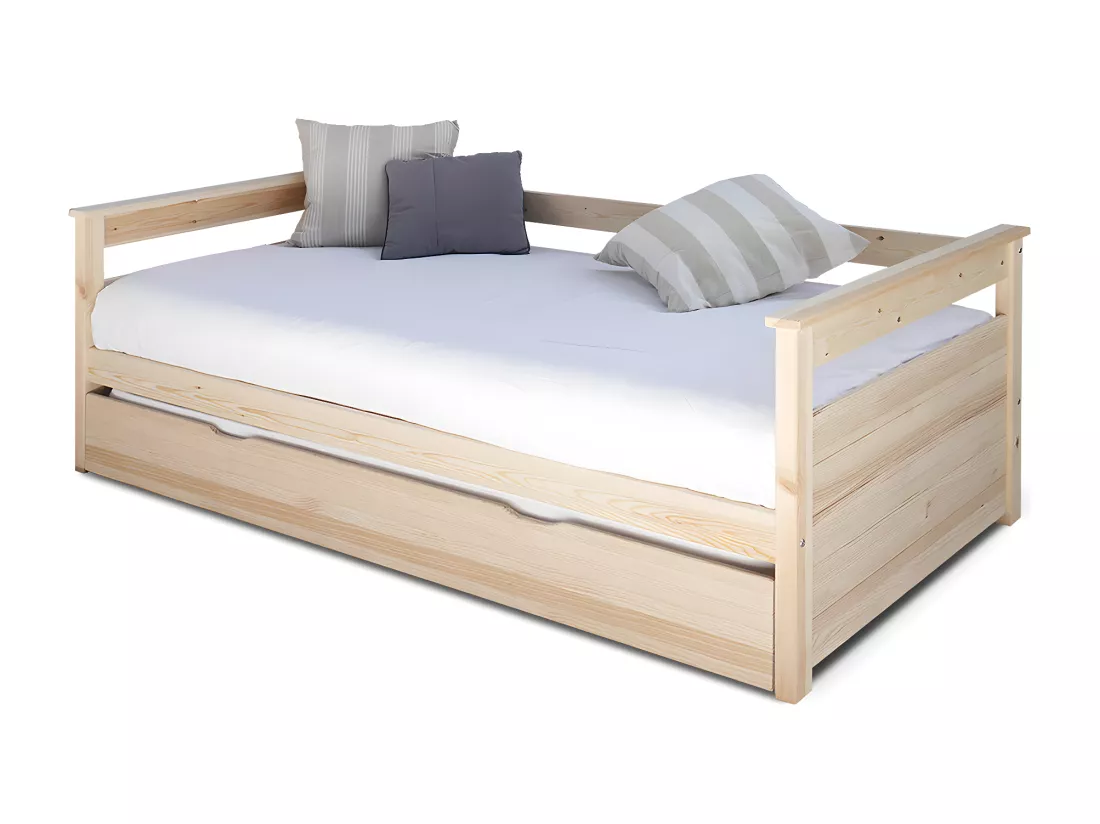 Pack lit gigogne avec 2 matelas 80x200 cm bois massif blanc et bois IZAO