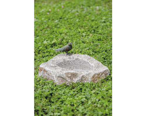 Tuinbeeld Rottenecker vogelbad en bronzen vogel op granieten steen