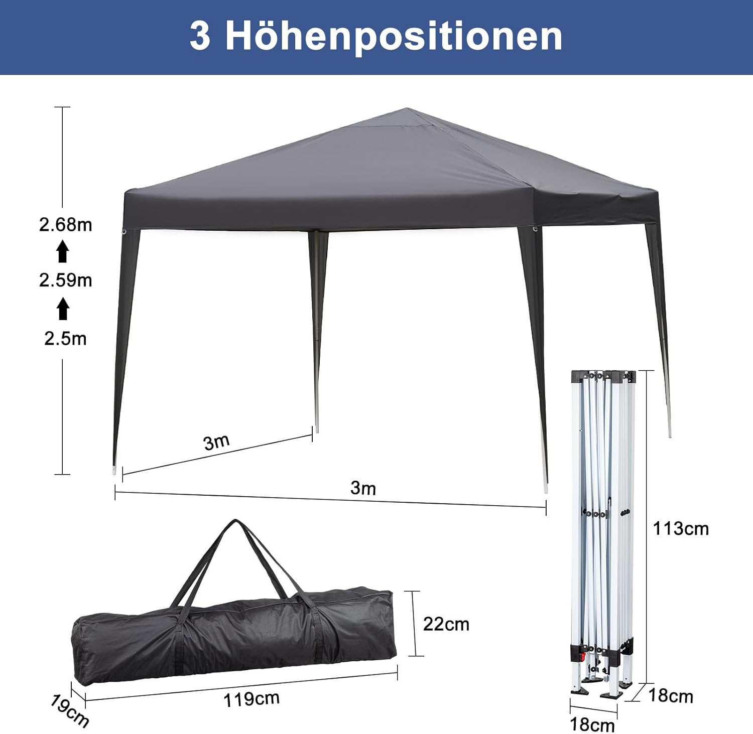 LEADZM Pavillon 3x3 m Pop-up Faltpavillon Mit Belüftungslöchern,Wasserdichter,Höhenverstellbar,UV Schutz 50+,Gartenzelt,Partyzelt,Camping,Stahlrahmen,mit 4 Seitenteilen (Dunkelgrau)