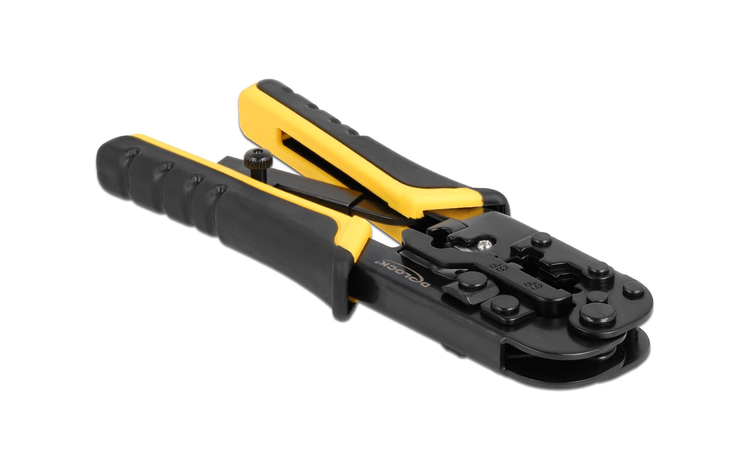 Crimpzange Universell mit AbisoliererDelock Universelle Crimpzange mit Abisolierer für 8P (RJ45), 6P (RJ12/11) oder 4P Stecker