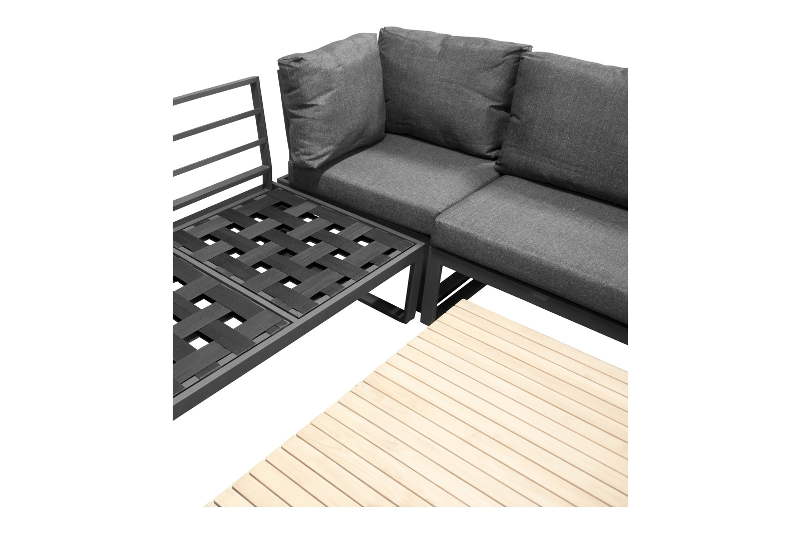 Panama utesofa Hagesofa sortlakkert aluminium med grå puter, sofabord og sidebord med acacia plate.