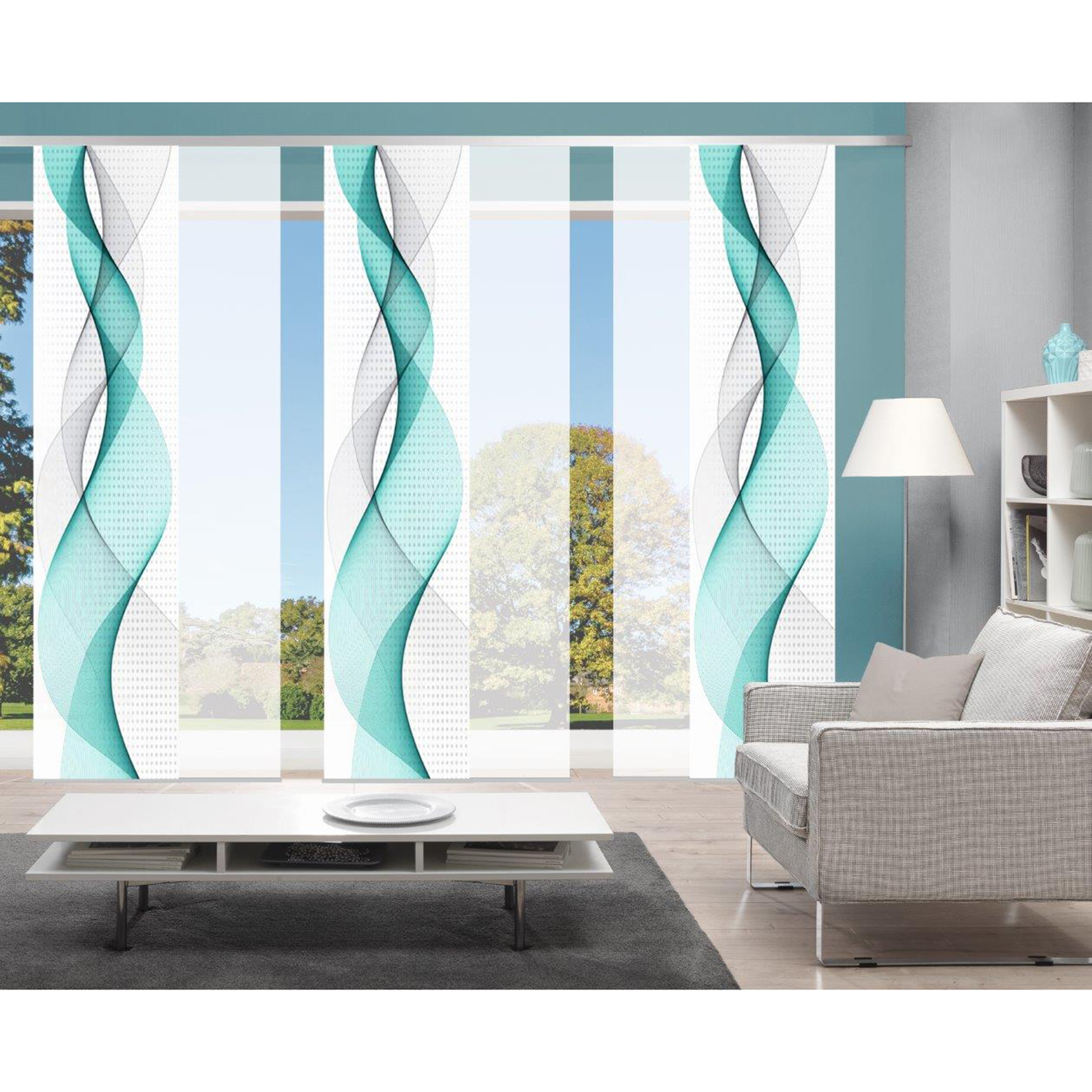 6-teiliges Schiebevorhang-Set OPALIA - türkis - je 60x245 cm