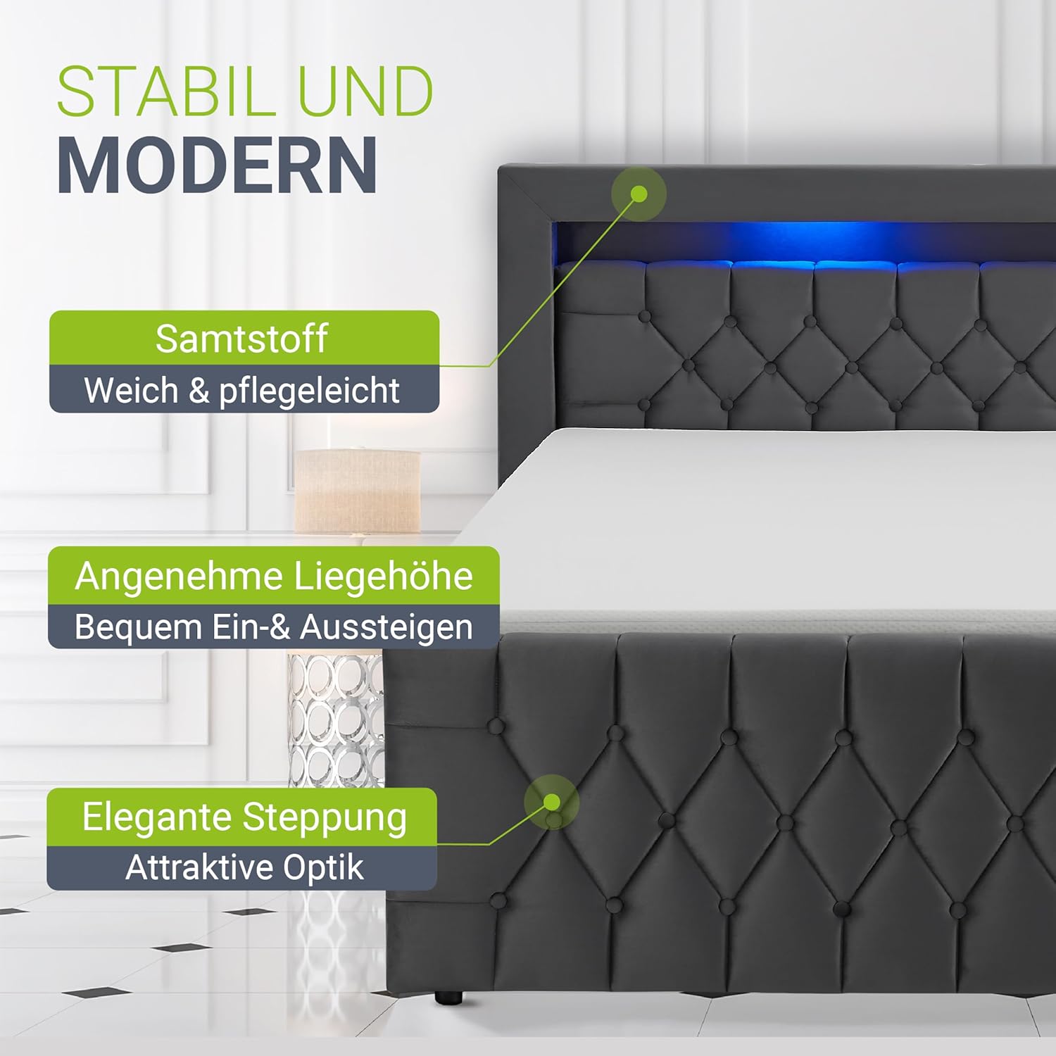 Juskys Boxspringbett Leona 140x200 cm - Bett mit LED Beleuchtung, Topper & H4 Federkern Matratzen - Einzelbett Grau mit Samt und Steppung