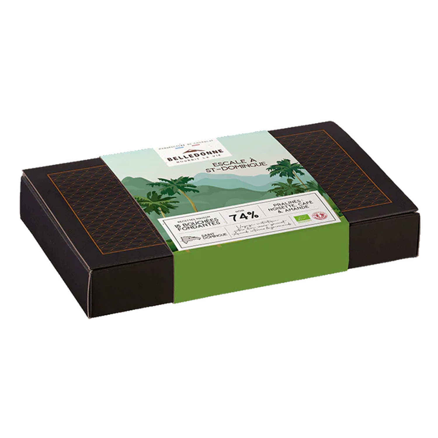 Coffret 15 chocolats noirs bio 74% Escale à St Domingue