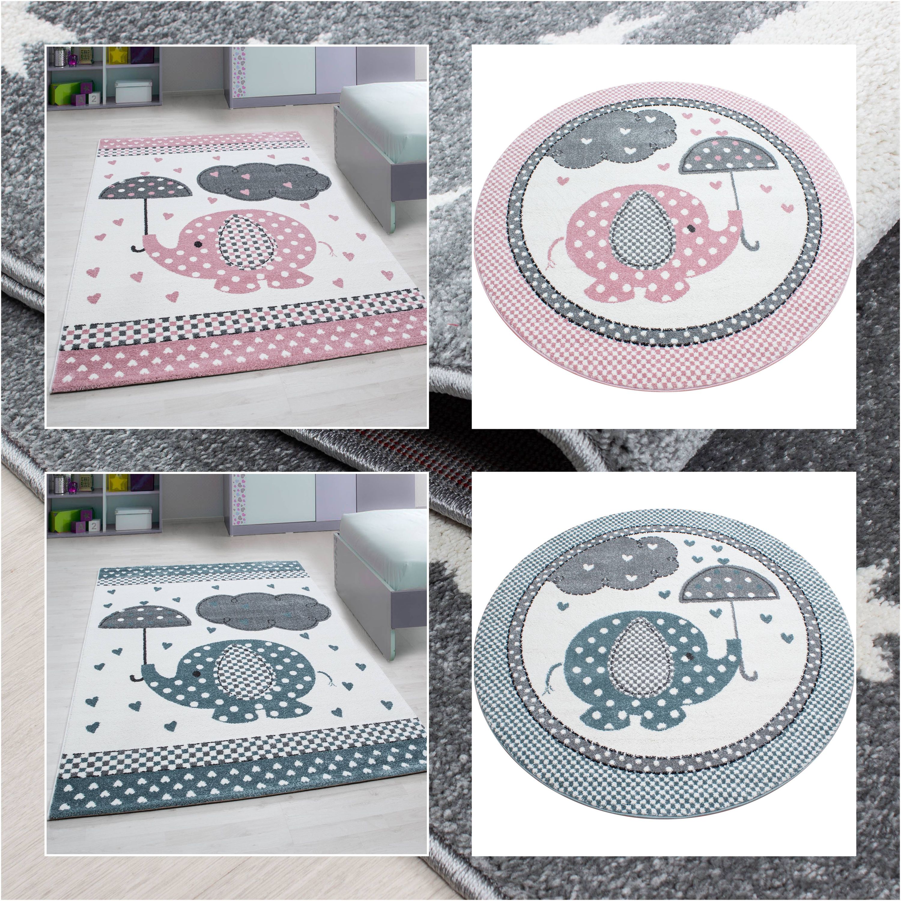 Wunderschöne Kinderteppiche, Teppich mitElefant Motiven Rund / Viereck