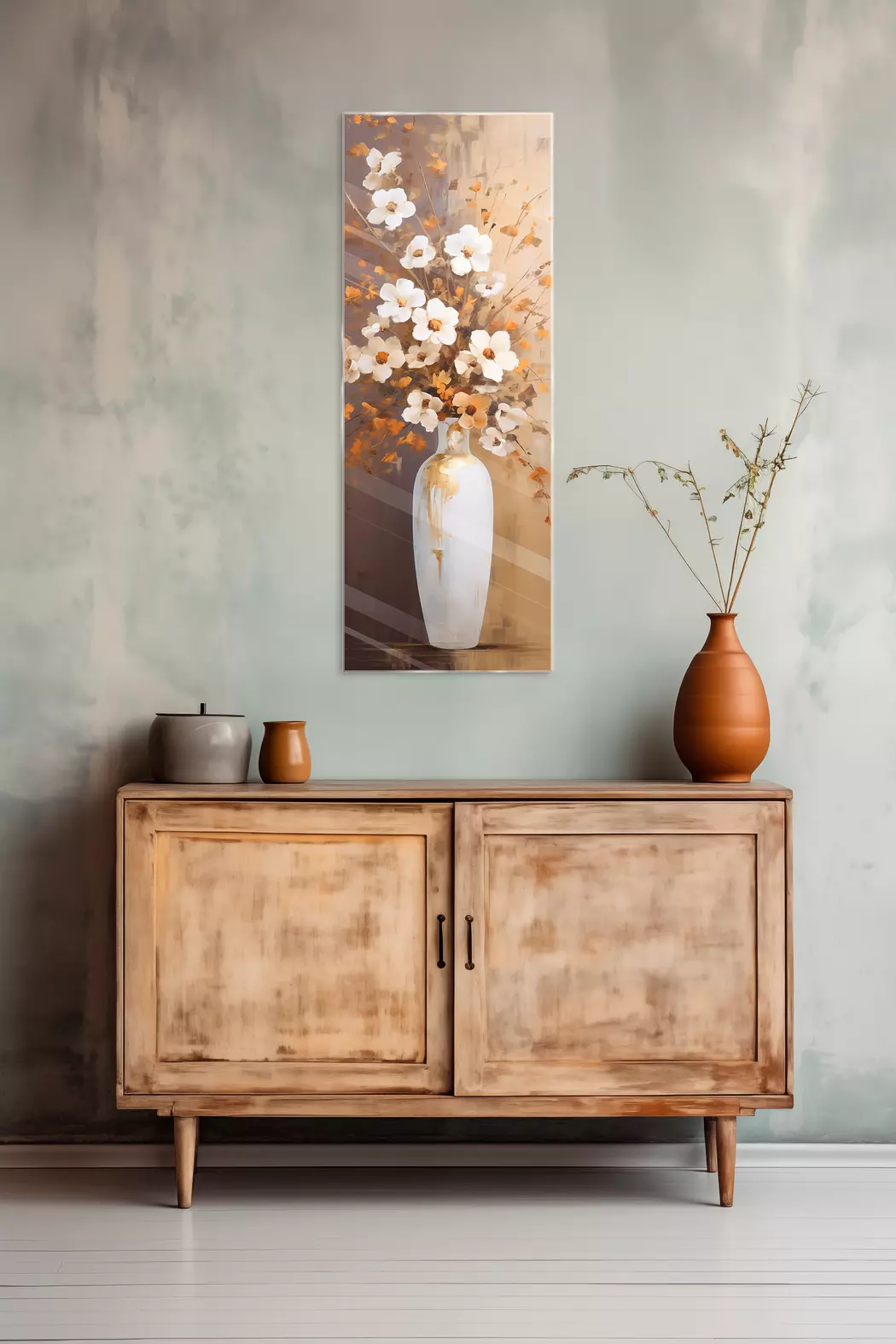 Glasbild 30 x 80 cm Flowers White And Beige I