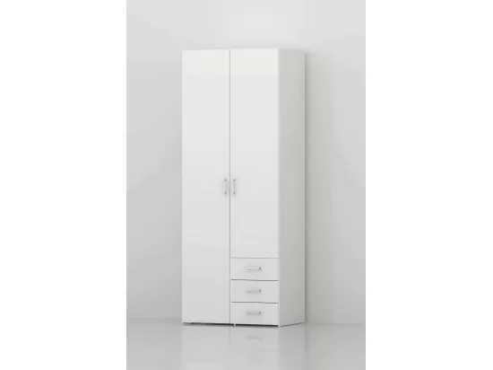 Armoire à deux portes et trois tiroirs, couleur blanche, Dimensions 77 x 200 x 49,5 cm