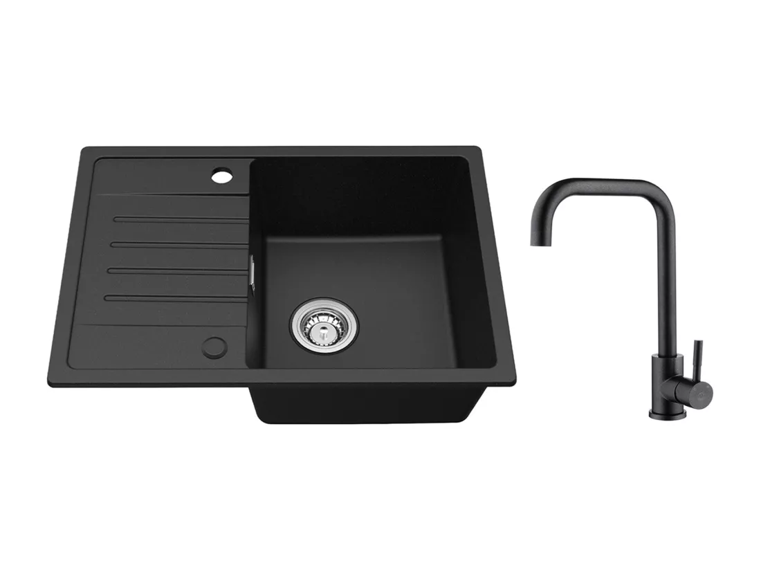 Noir Evier à Encastrer 1 Bac avec Egouttoir, Quartz et Résine, 65x45cm + Mitigeur de Cuisine en Inox Noir étoilé avec Bec Haut et Incurvé