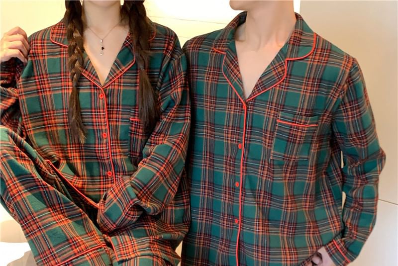 Sadelle - Bijpassende pyjamaset voor koppels: lange mouwen, reverskraag, geruite top met knoopjes + broek