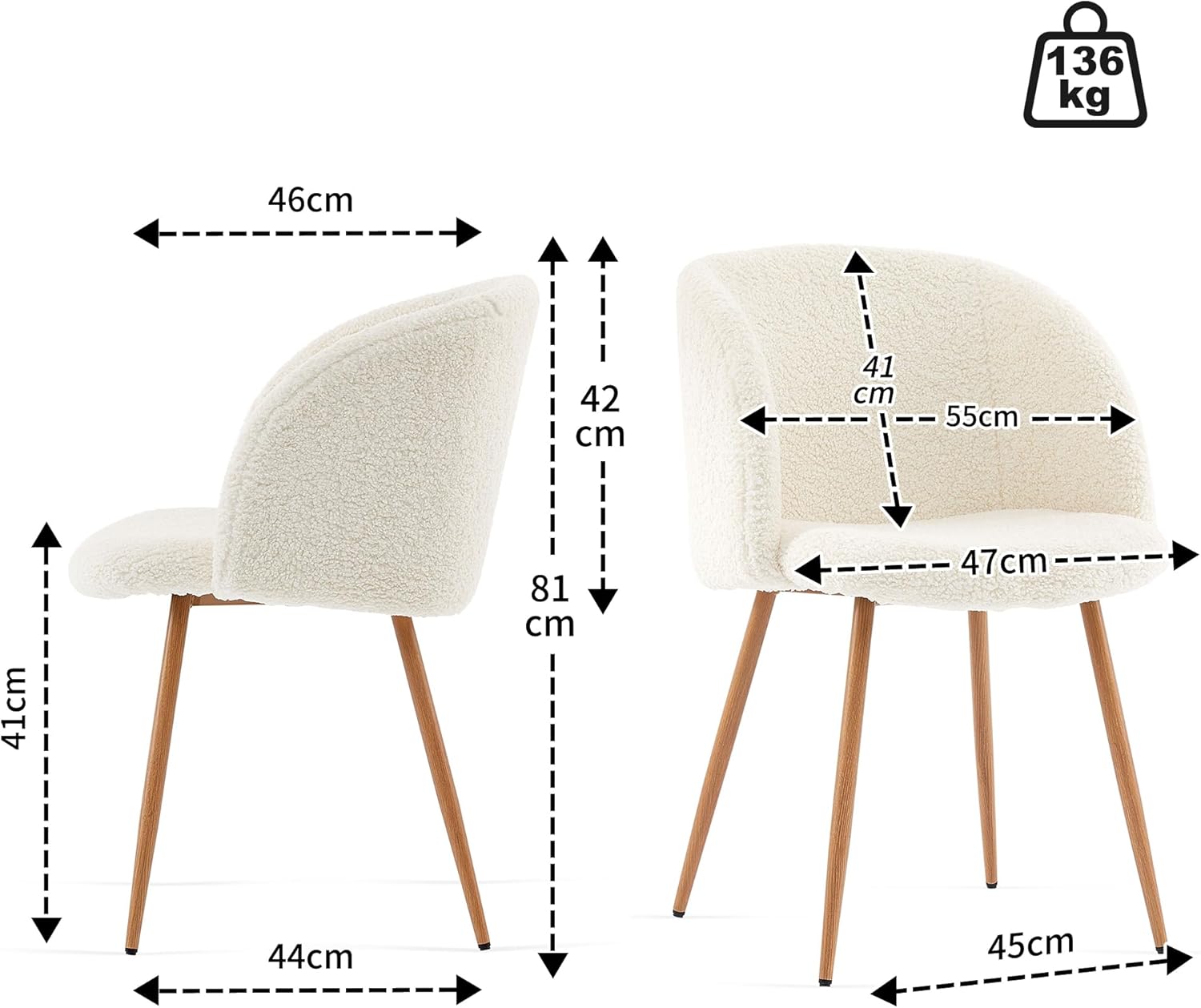 NORDICANA Esszimmerstühle 2er Set, Teddy Sessel, Schminktisch Stuhl, Küchenstühle, Wohnzimmerstuhl, Metallbeine mit Holzmaserungseffekt, Beige, für Wohnzimmer, Esstisch, Schminktisch