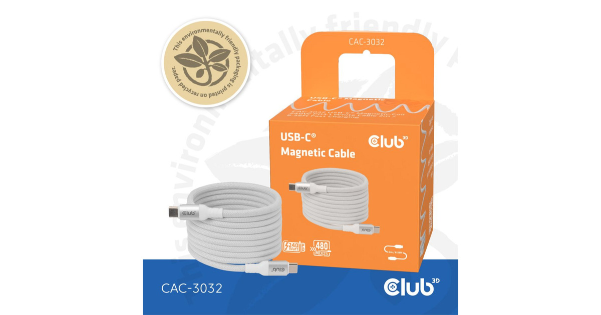 Club 3DUSB-C Magnetic-Coil 240W PD3.1 White Cable, 2 meter kabel  (Wit)