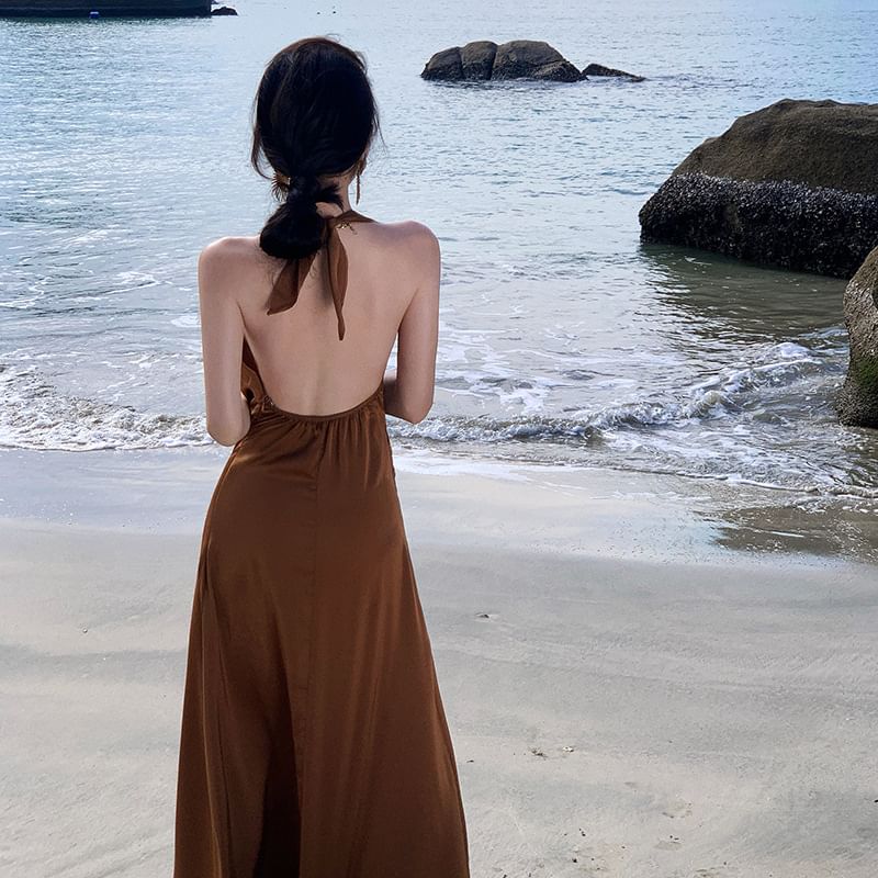 Egsy - Halter effen maxi-zonnejurk met ruches