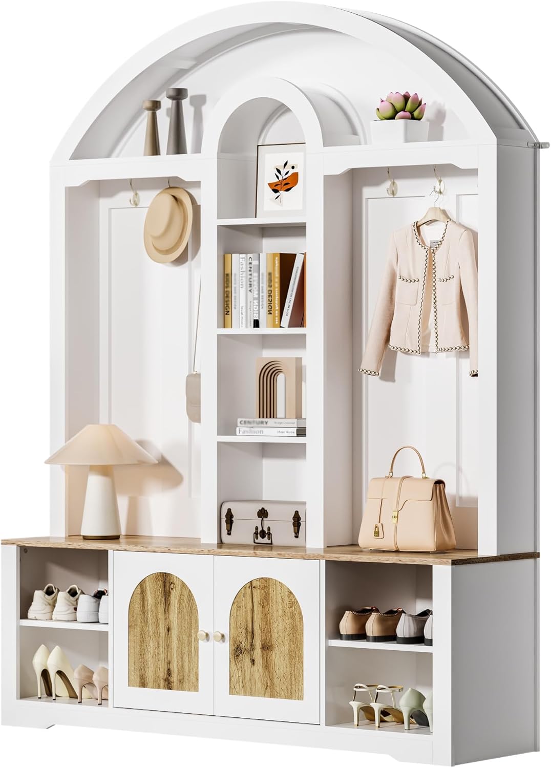Eingangsbereichsschrank mit Schuhregal, Ablagen und Haken .Garderobenschrank– eine Garderobe aus robustem MDF mit modernem Design und praktischem Stauraum. (Weiß, 150 L x40 B x 195 H(cm))