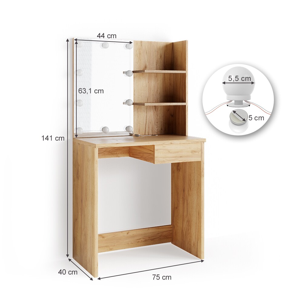 VICCO LED Schminktisch DEKOS Frisiertisch Frisierkommode Kosmetiktisch Eiche