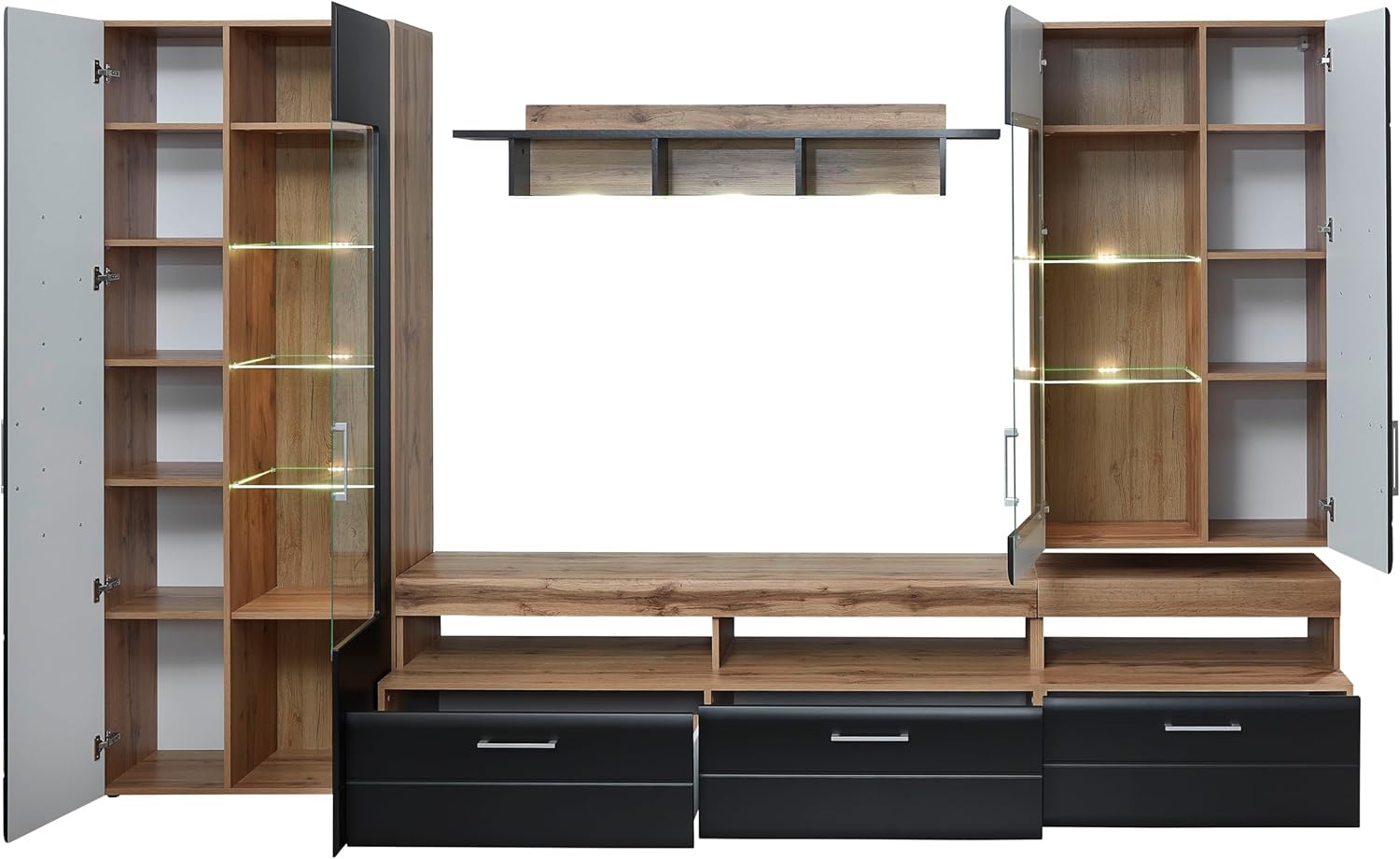 Stella Trading SONATE Wohnwand Komplett-Set in Eiche Altholz Optik, Schwarz - Moderne Schrankwand mit LED-Beleuchtung für Ihr Wohnzimmer - 330 x 208 x 52 cm (B/H/T)