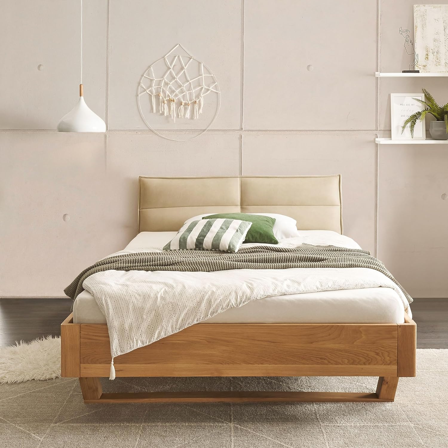 TJARK Modernes Massivholzbett 140x200, Eiche - Komfortables & hochwertiges Balkenbett mit gepolstertem Kopfteil - 146 x 89 x 219 cm (B/H/T)