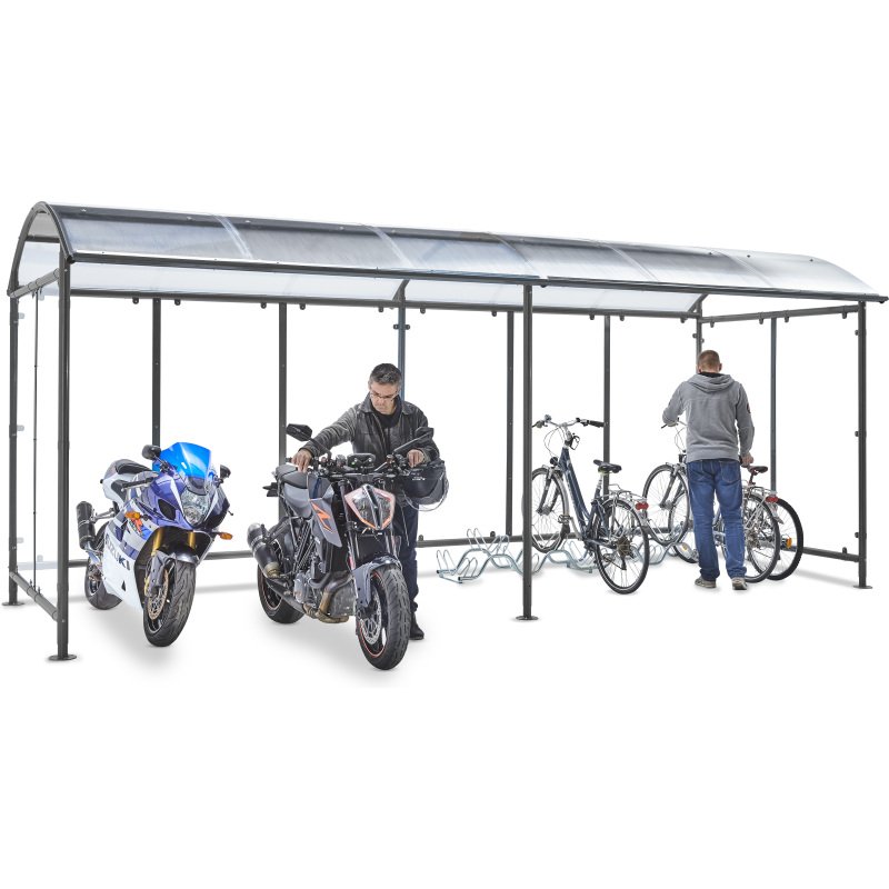Abris vélos dôme 6 vélos + 2 scooters / motos Modèle suivant à fixer sur l'abri initial - Coloris gris anthracite RAL 7021