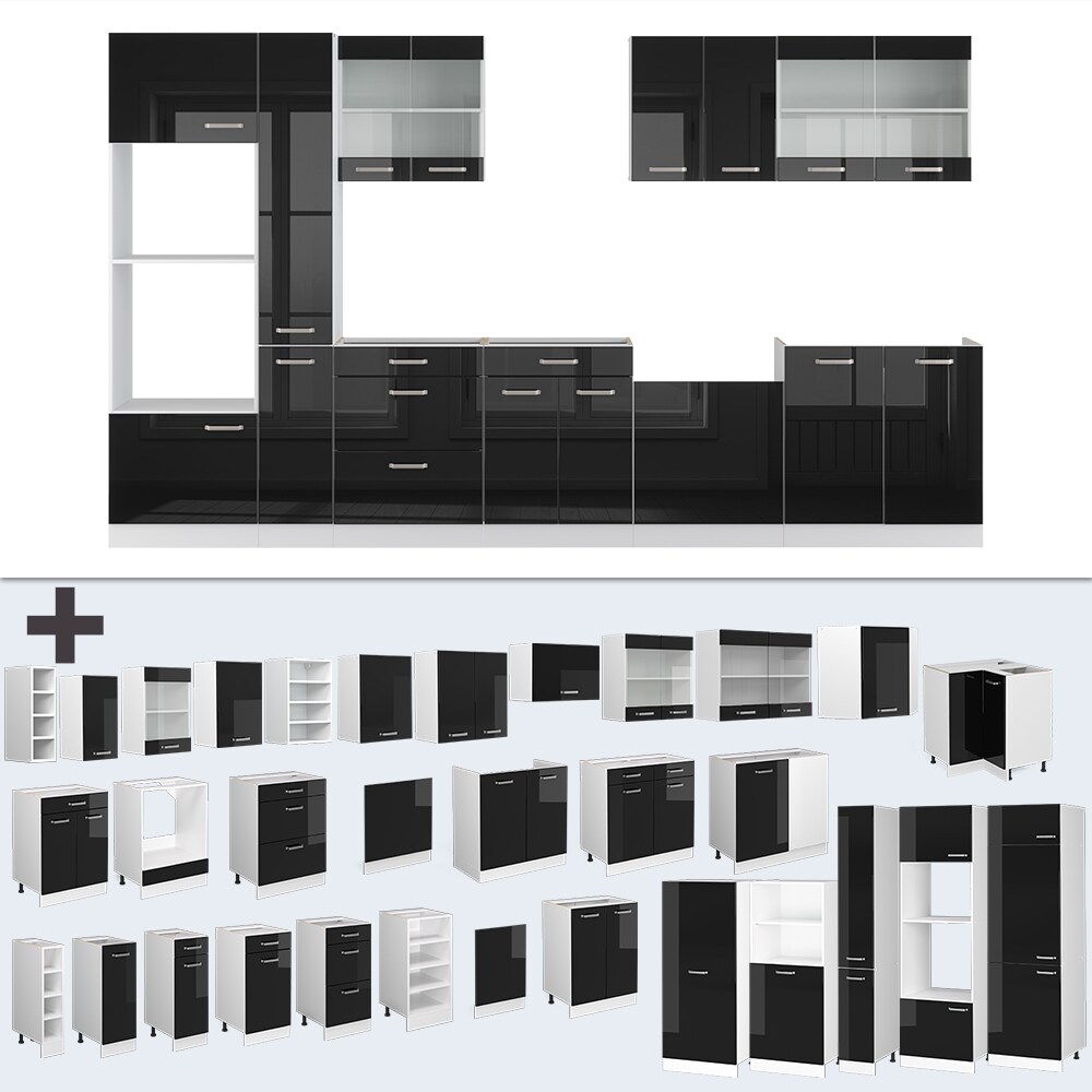 Vicco Küchenzeile R-Line Solid Weiß Schwarz 350 cm modern Küchenschränke Küchenmöbel